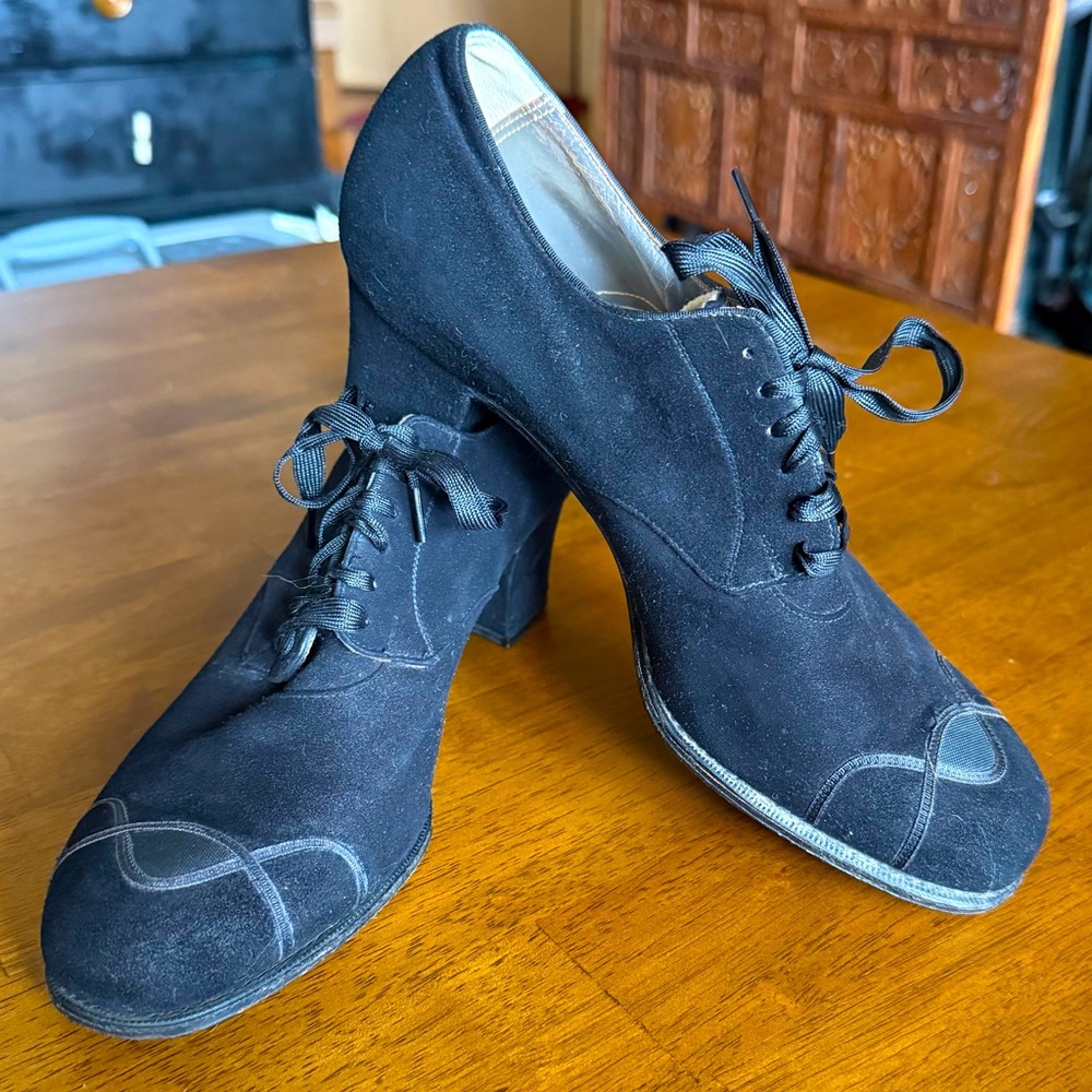Vintage 40s 50s 60s suede velvet women oxford low heel lace up dress dance shoes
